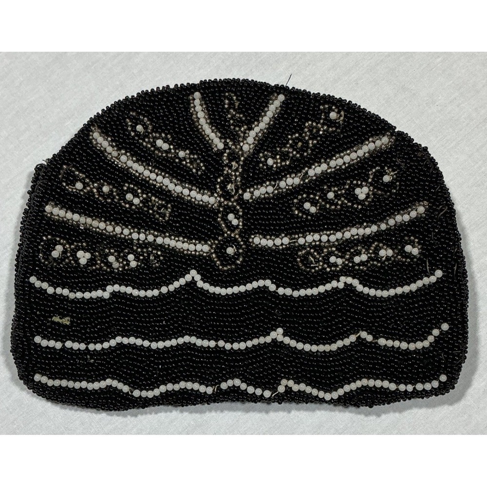 Vintage Black White Beaded Coin Purse Art Deco Flapper Style Zipper Pouch Grunge